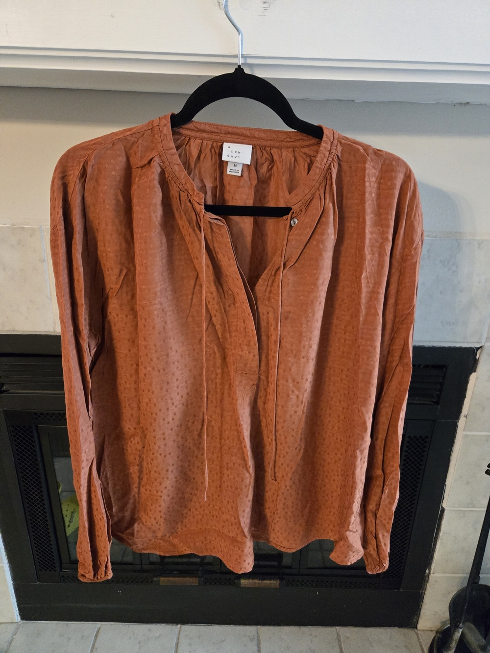 a new day Rust Textured Tie-Neck Long-Sleeve Blouse